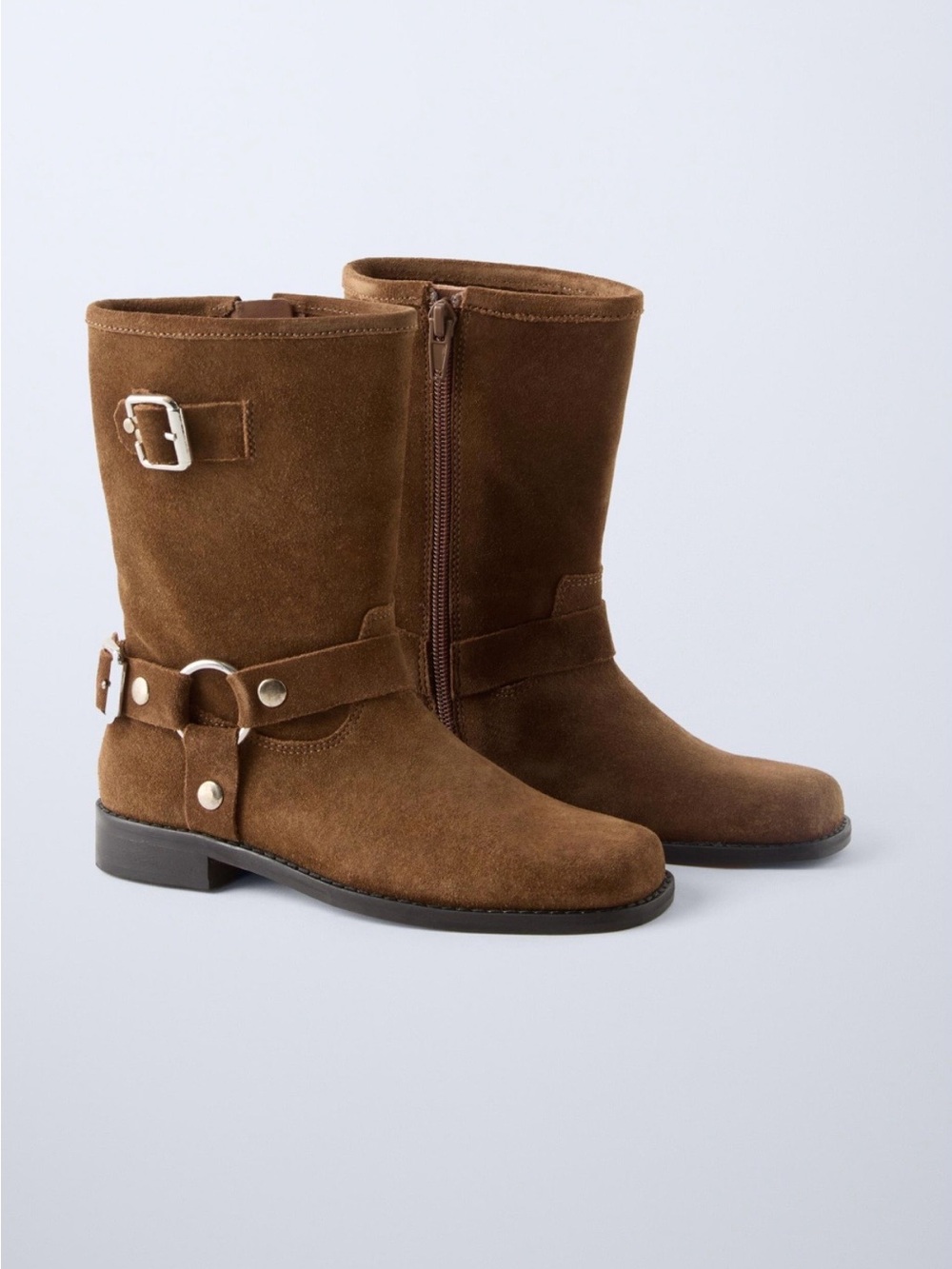 New Zara Girls Genuine Suede Brown Tan Cowboy Boots Mid-Calf  Sz 38 Us 5.5